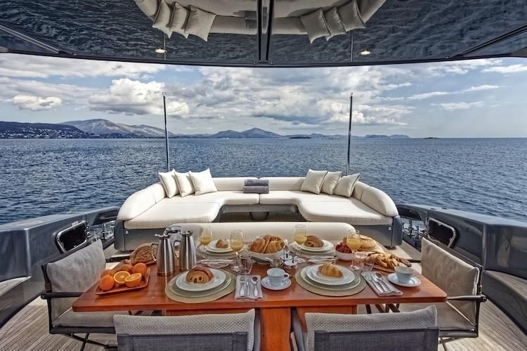 luxury deck yacht, yacht charter Athens, dining yacht Athens